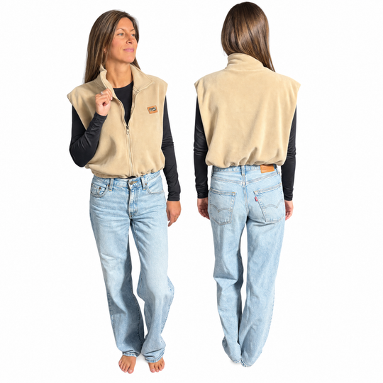 Veste polar sans manches Dune beige sable Peek Breeze pour femme, zip complet, vue de face et de dos sur fond blanc