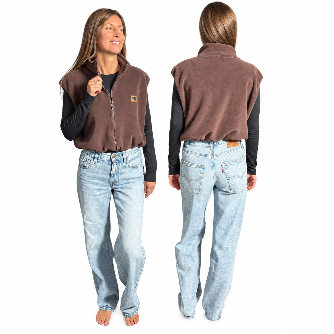 Veste polar sans manches Espresso brun chocolat Peek Breeze, zip complet, vue de face et de dos sur fond blanc
