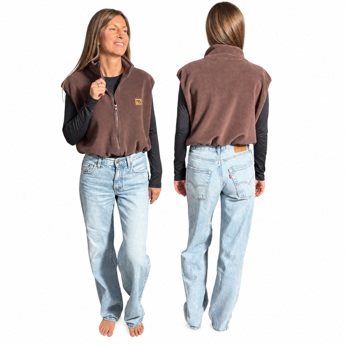 Veste polar sans manches Espresso brun chocolat Peek Breeze, zip complet, vue de face et de dos sur fond blanc