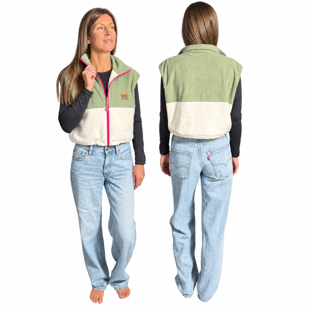 Veste sans manches Cedar en velours côtelé kaki et polar ivoire, zipper fuchsia, Peek Breeze, vue de face et de dos sur fond blanc