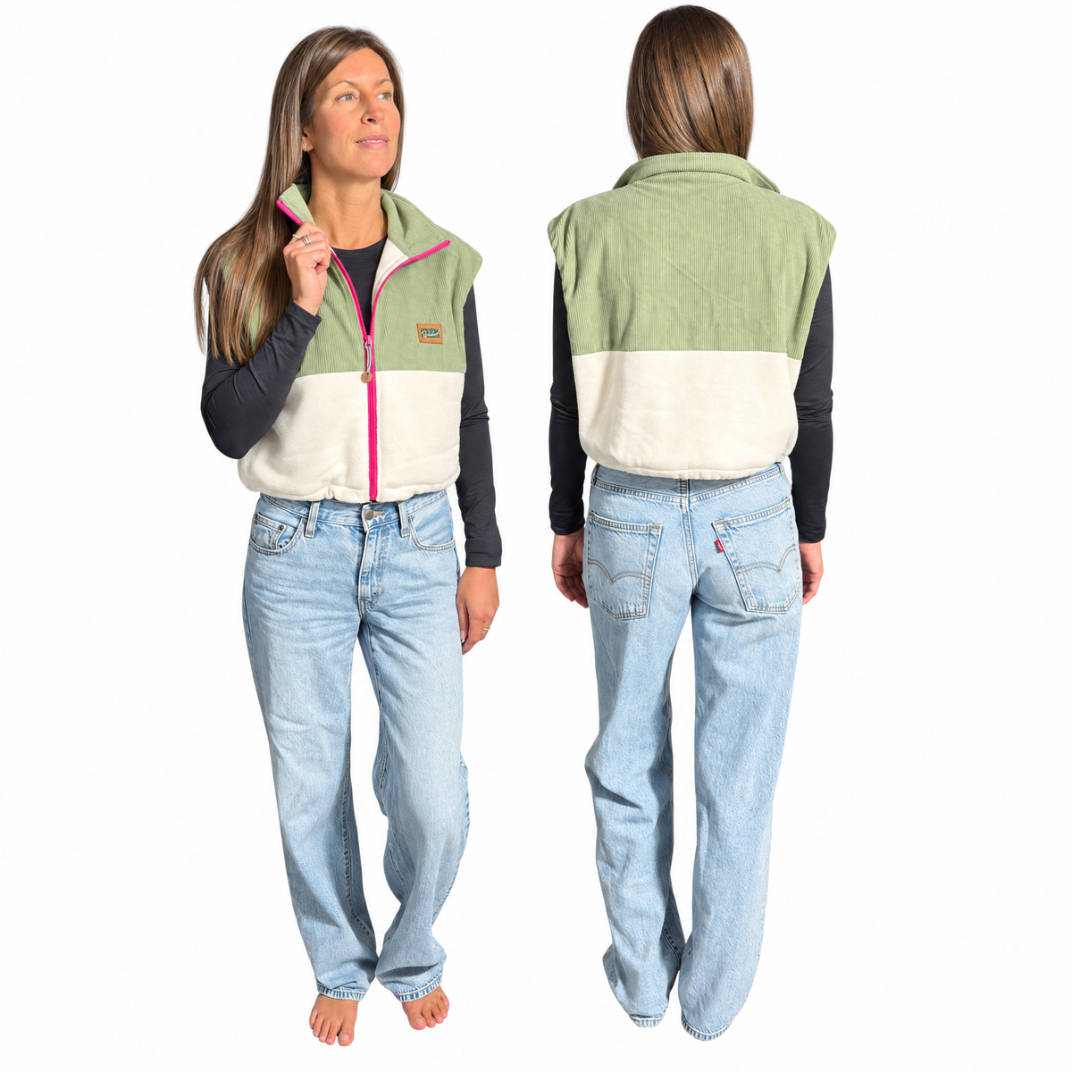 Veste sans manches Cedar en velours côtelé kaki et polar ivoire, zipper fuchsia, Peek Breeze, vue de face et de dos sur fond blanc